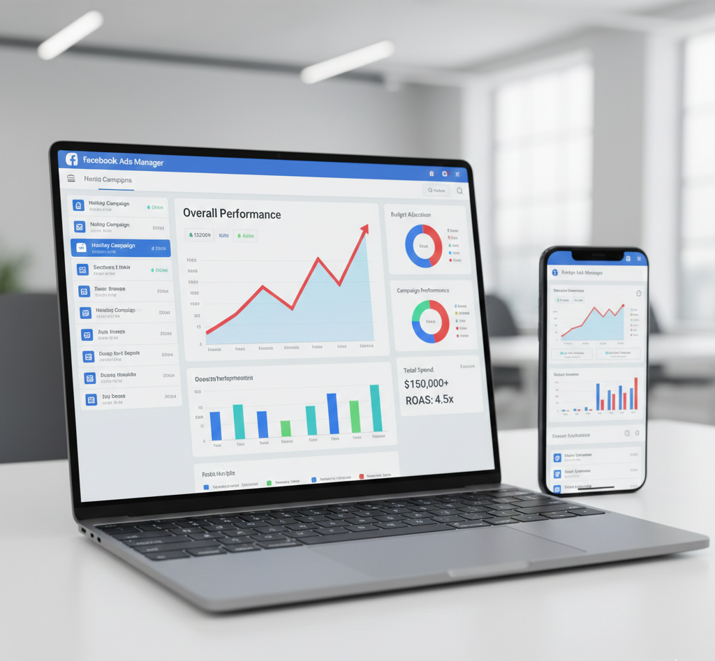 A close-up of a computer monitor displaying a dark-mode social media analytics dashboard featuring a bright teal line graph trending upward and metrics for page likes and followers.