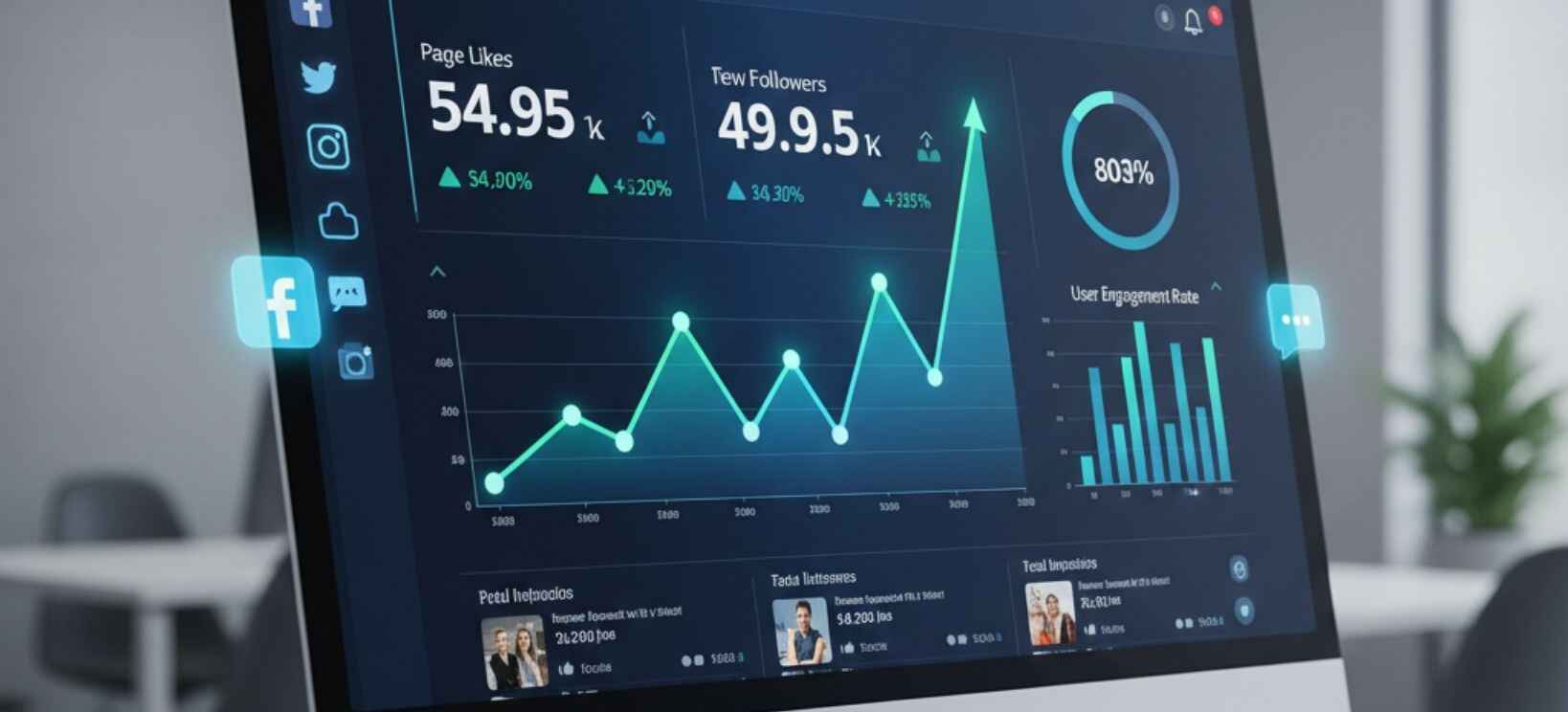 A computer monitor displaying a dark-themed social media analytics dashboard with a rising line graph, engagement percentages, and follower metrics.