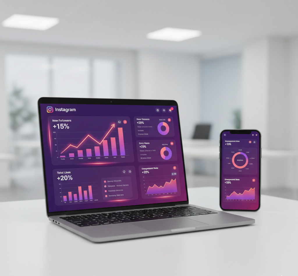 A laptop and smartphone showing an Instagram analytics dashboard in a purple and pink dark theme, featuring growth charts for followers, likes, and engagement rates.