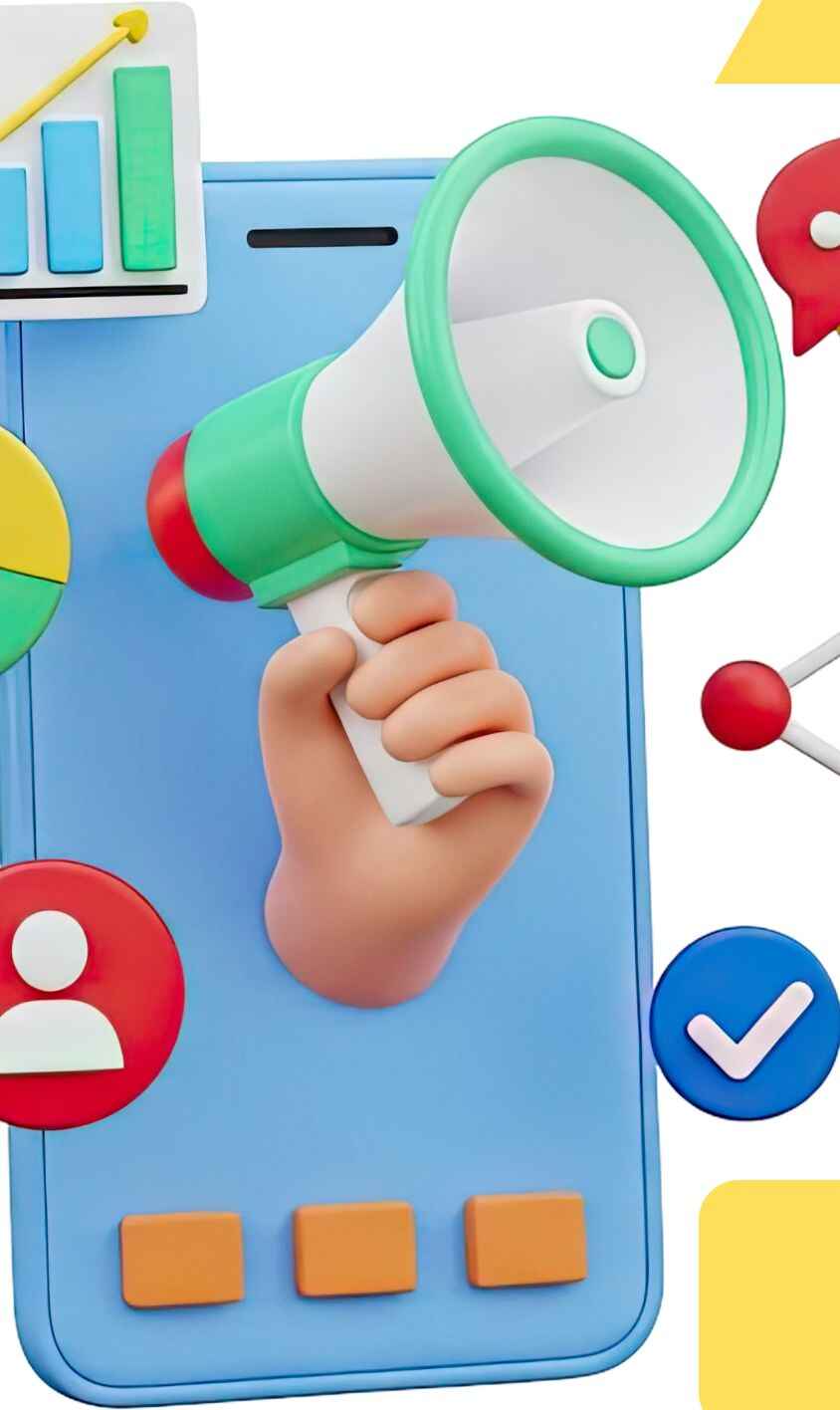 3D stylized smartphone with a hand holding a megaphone and digital marketing icons.